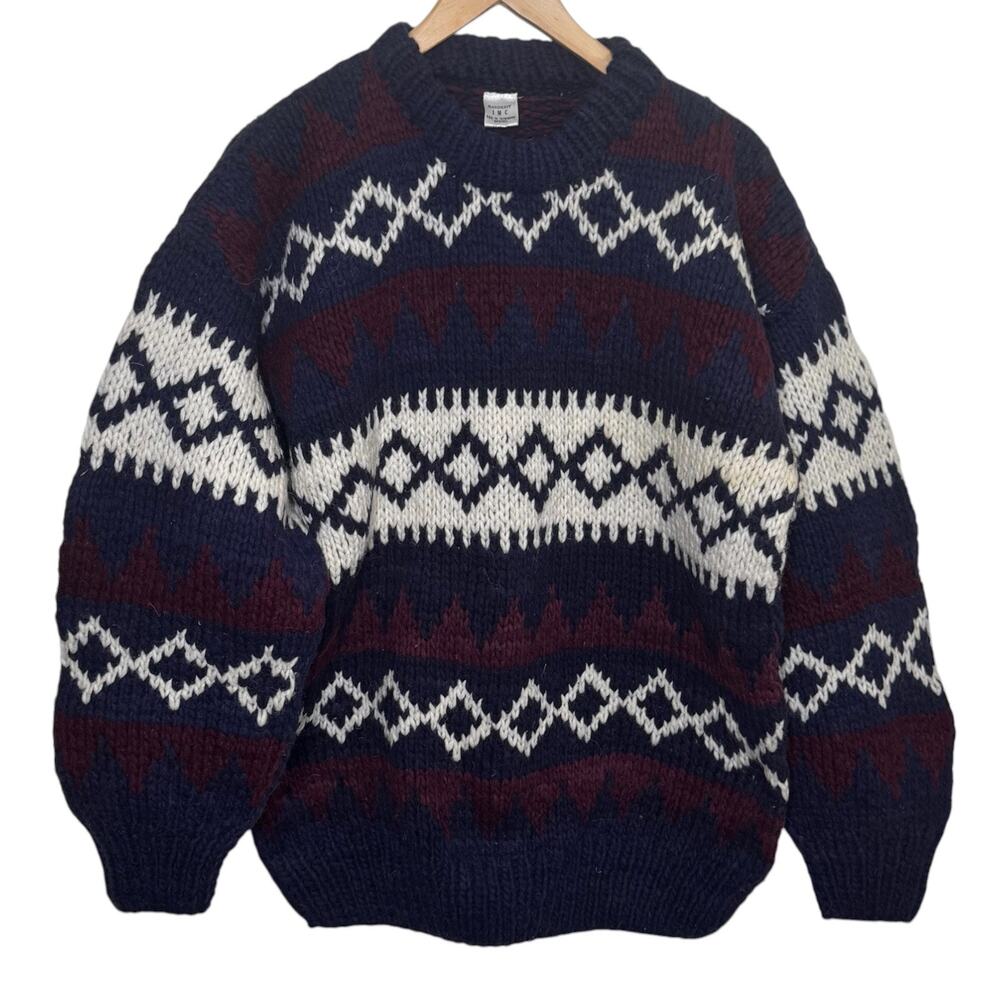 JMC Hand Knit Ecuador Chunky 100% Virgin Wool Navy Burgundy Sweater Vintage